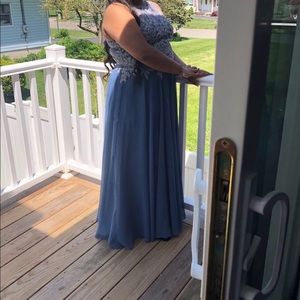 2 piece prom dress in slate blue and silver